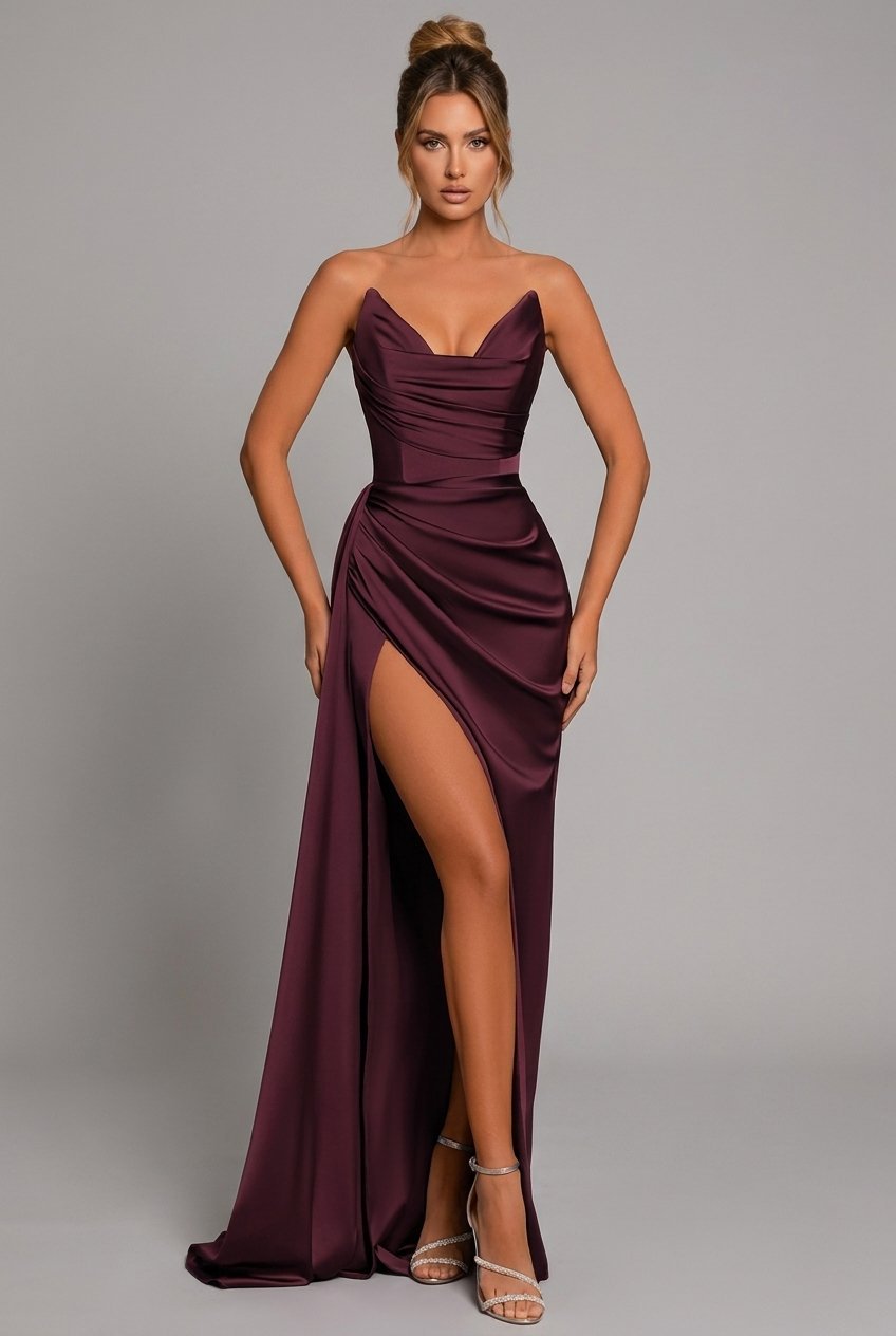 Sienna | Women's Strapless Satin Maxi Dress with Ruched Bodice and High Slit