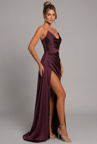 Sienna | Women's Strapless Satin Maxi Dress with Ruched Bodice and High Slit