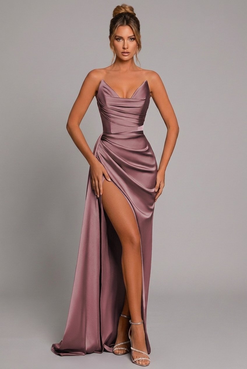 Sienna | Women's Strapless Satin Maxi Dress with Ruched Bodice and High Slit