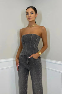 Women's Strapless Sparkle Top and Straight-Leg Trousers Set