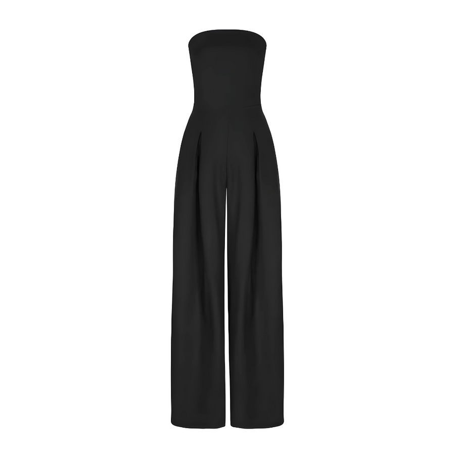 Women's Strapless Wide-Leg Jumpsuit with Pleated Waist and Side Pockets