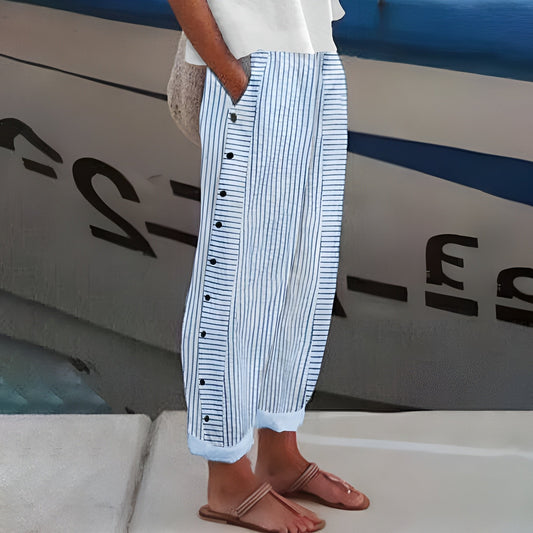 Sophia | Women's Striped Straight-Leg Elastic-Waist Side-Button Pants