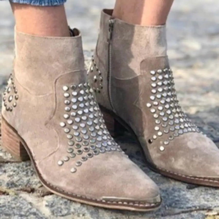 Olivia | Women's Studded Suede Pointed-Toe Block-Heel Ankle Boots