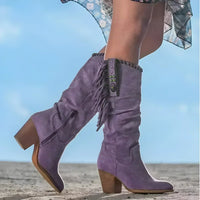 Phoebe | Women's Suede Fringe Western Knee High Boots Block Heel