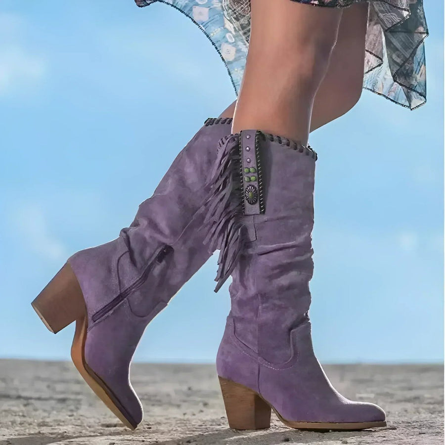 Phoebe | Women's Suede Fringe Western Knee High Boots Block Heel