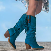 Phoebe | Women's Suede Fringe Western Knee High Boots Block Heel