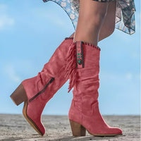 Phoebe | Women's Suede Fringe Western Knee High Boots Block Heel