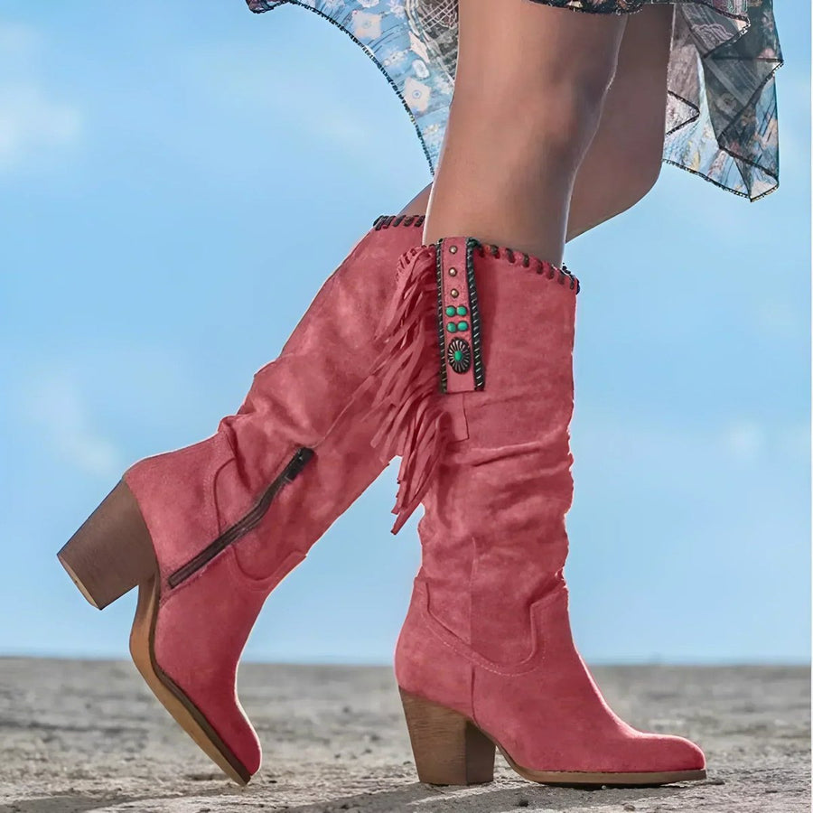 Phoebe | Women's Suede Fringe Western Knee High Boots Block Heel