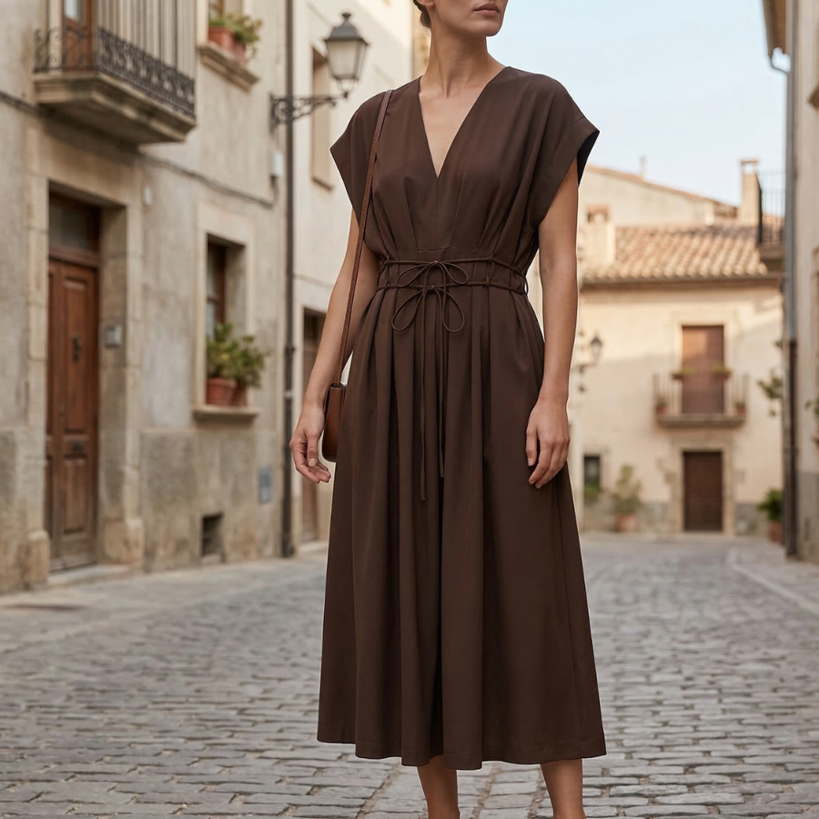 KAIA | V NECK MIDI DRESS