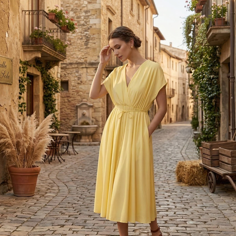 KAIA | V NECK MIDI DRESS