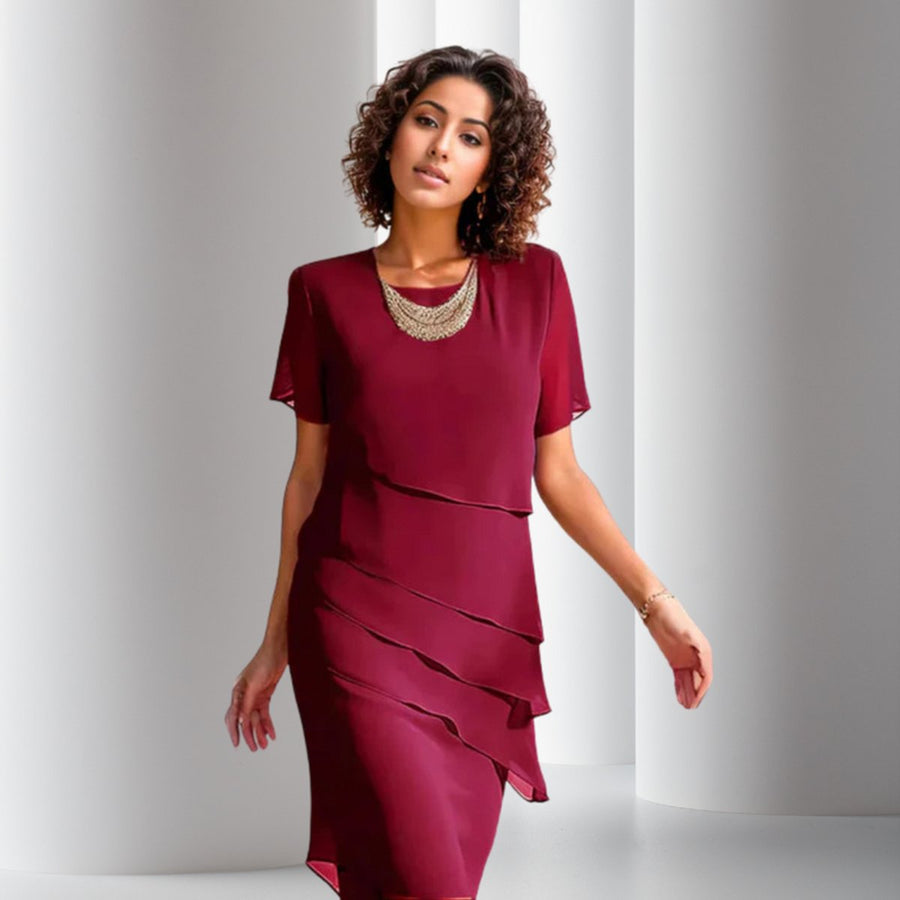 Phoebe | Women's Tiered Chiffon Cocktail Party Dress Short Sleeve Midi