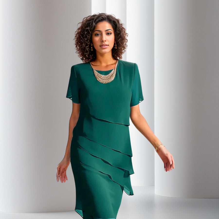 Phoebe | Women's Tiered Chiffon Cocktail Party Dress Short Sleeve Midi