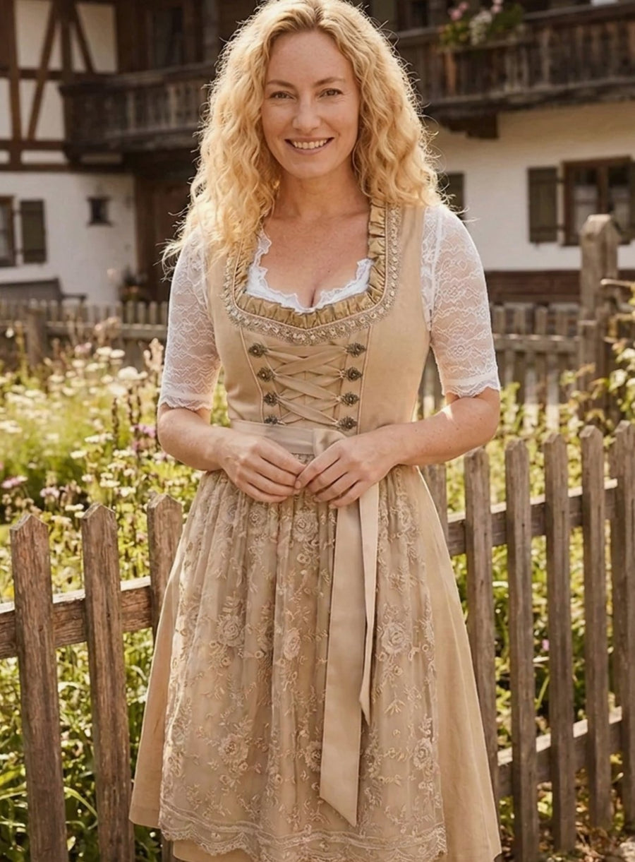 Lily | Women's Traditional Lace-Up Dirndl Knee-Length Floral Apron Dress