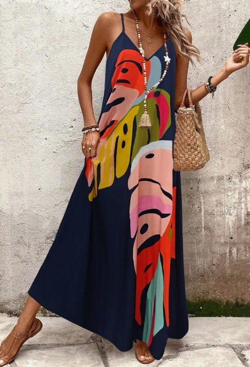 Mia | Women's Tropical Leaf Print Sleeveless Maxi Dress