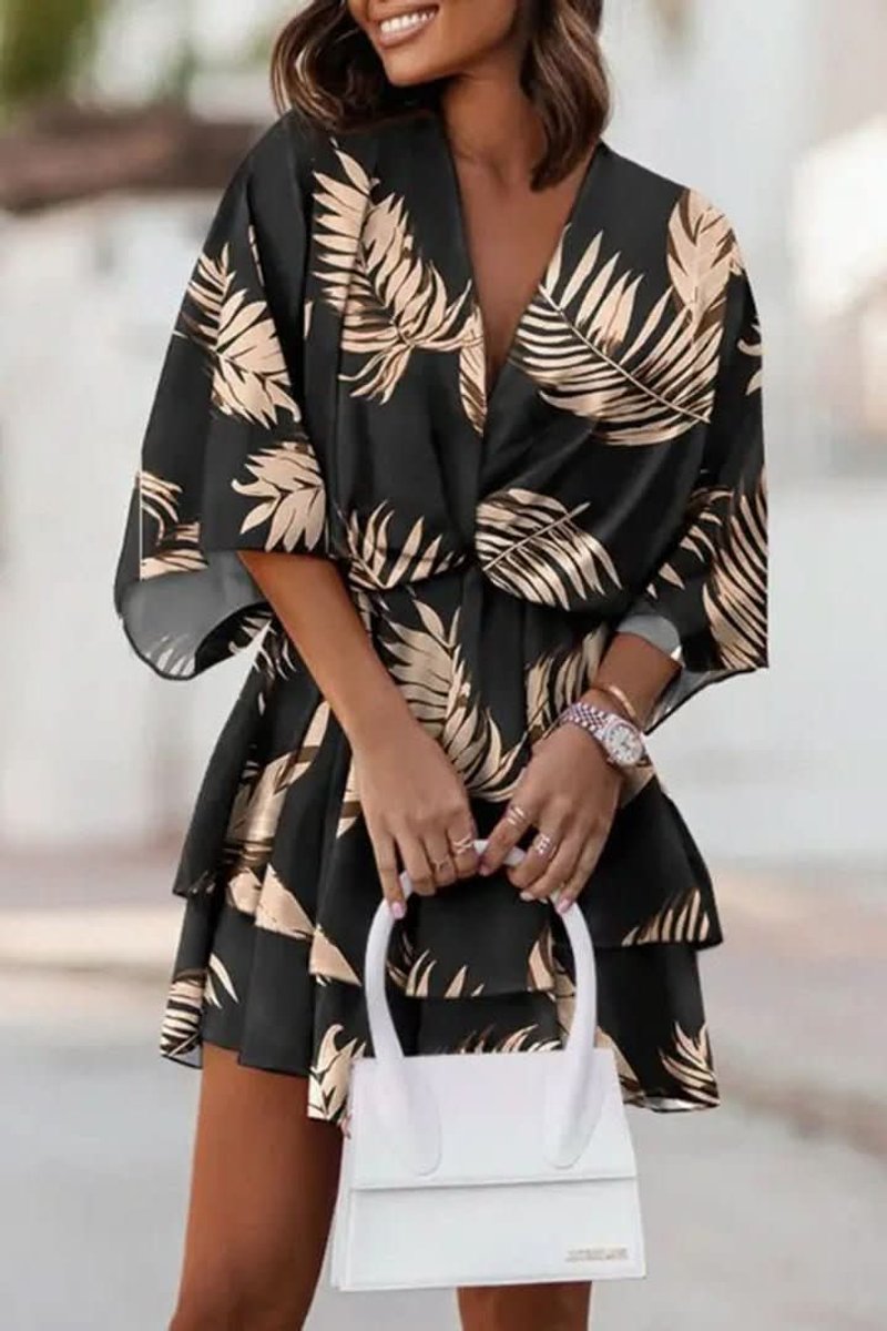 Mia | Women's Tropical Print Boho Mini Cocktail Dress Tiered Flared
