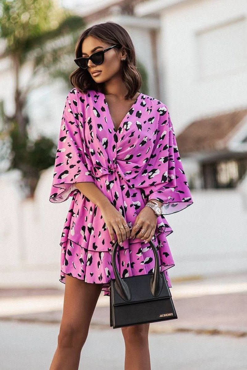 Mia | Women's Tropical Print Boho Mini Cocktail Dress Tiered Flared
