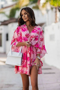 Mia | Women's Tropical Print Boho Mini Cocktail Dress Tiered Flared