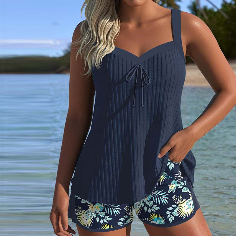 Eleanor | Women's Tummy-Control Striped Tankini Two-Piece Swimsuit Shorts Set