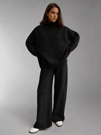 Women's Turtleneck Knit Set with Wide-Leg Pants and Ribbed Cuffs