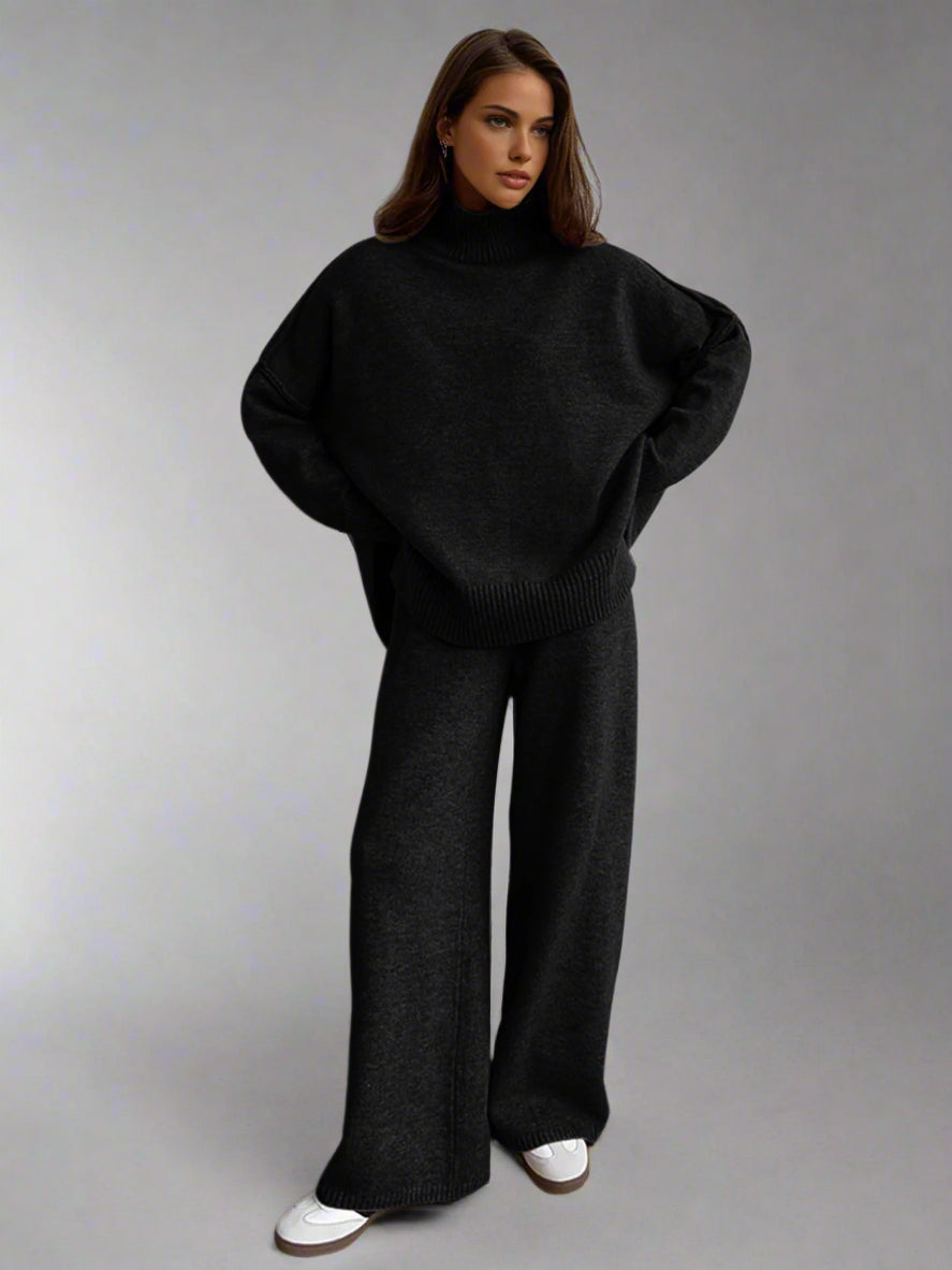 Women's Turtleneck Knit Set with Wide-Leg Pants and Ribbed Cuffs