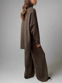 Women's Turtleneck Knit Set with Wide-Leg Pants and Ribbed Cuffs