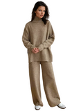 Women's Turtleneck Knit Set with Wide-Leg Pants and Ribbed Cuffs