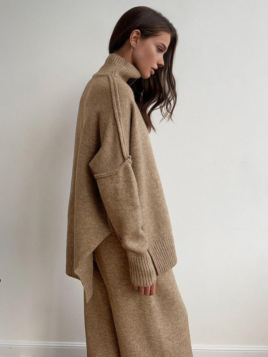 Women's Turtleneck Knit Set with Wide-Leg Pants and Ribbed Cuffs