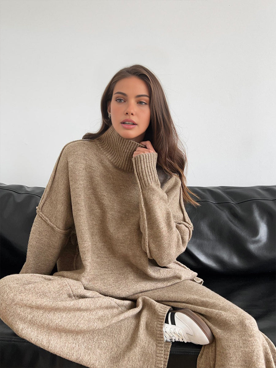 Women's Turtleneck Knit Set with Wide-Leg Pants and Ribbed Cuffs