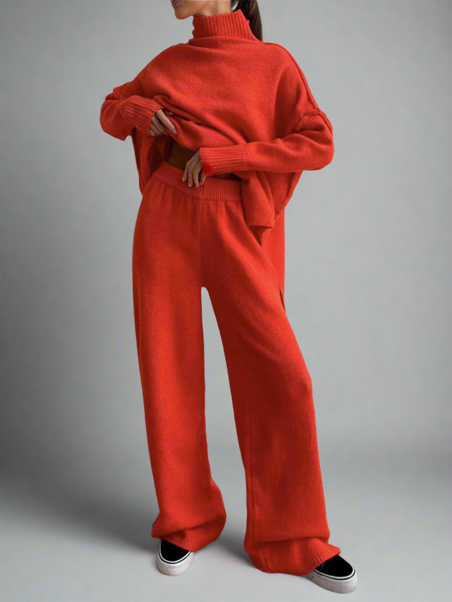 Women's Turtleneck Knit Set with Wide-Leg Pants and Ribbed Cuffs