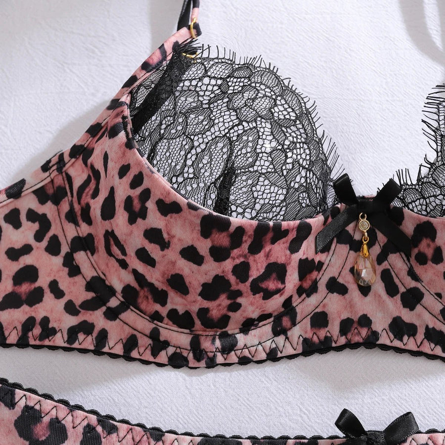 Olivia | Women's Underwired Leopard Print Black Lace Lingerie Set