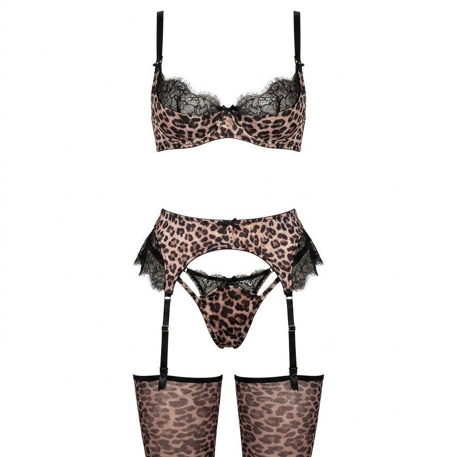 Olivia | Women's Underwired Leopard Print Black Lace Lingerie Set