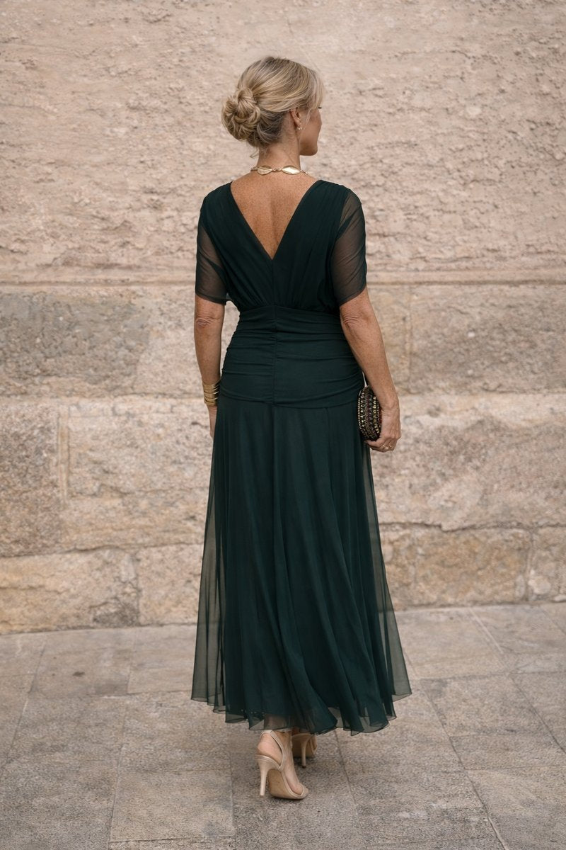 Isla | Women's V-Neck Chiffon Maxi Cocktail Party Dress Pleated Waist