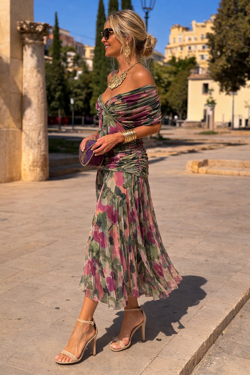 Isla | Women's V-Neck Chiffon Maxi Cocktail Party Dress Pleated Waist