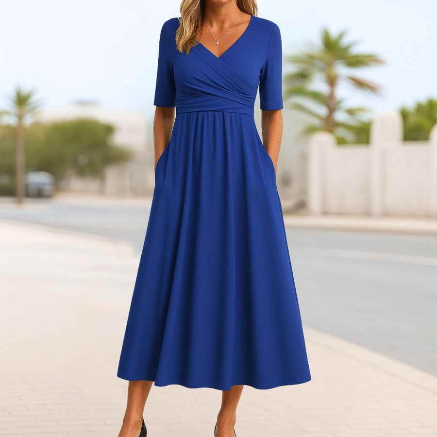 Scarlett | Women's V-Neck Cross-Front Short-Sleeve Midi Dress