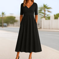 Scarlett | Women's V-Neck Cross-Front Short-Sleeve Midi Dress