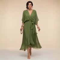 Florence | Women's V-Neck Flowy Sleeve Belted Chiffon Midi Dress