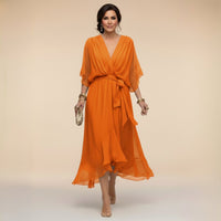 Florence | Women's V-Neck Flowy Sleeve Belted Chiffon Midi Dress