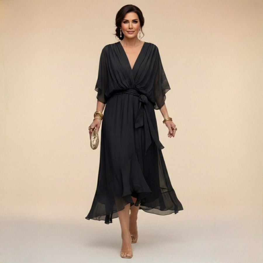 Florence | Women's V-Neck Flowy Sleeve Belted Chiffon Midi Dress