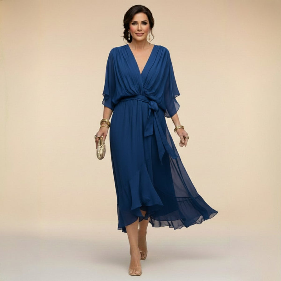 Florence | Women's V-Neck Flowy Sleeve Belted Chiffon Midi Dress