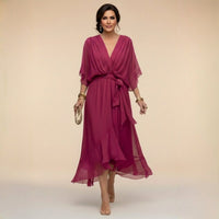 Florence | Women's V-Neck Flowy Sleeve Belted Chiffon Midi Dress