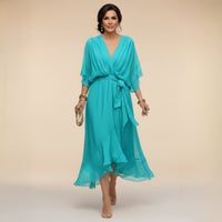 Florence | Women's V-Neck Flowy Sleeve Belted Chiffon Midi Dress