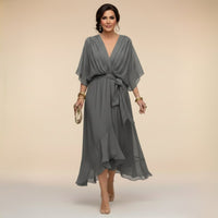 Florence | Women's V-Neck Flowy Sleeve Belted Chiffon Midi Dress
