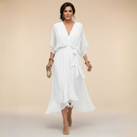 Florence | Women's V-Neck Flowy Sleeve Belted Chiffon Midi Dress