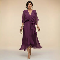 Florence | Women's V-Neck Flowy Sleeve Belted Chiffon Midi Dress