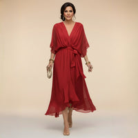 Florence | Women's V-Neck Flowy Sleeve Belted Chiffon Midi Dress