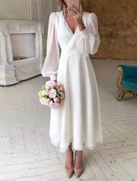 Evelyn | Women's V-Neck Puff Sleeve Long Sleeve Dress Midi Bridal