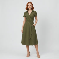 Evelyn | Women's V-Neck Wrap-Style A-Line Midi Dress Waist Tie