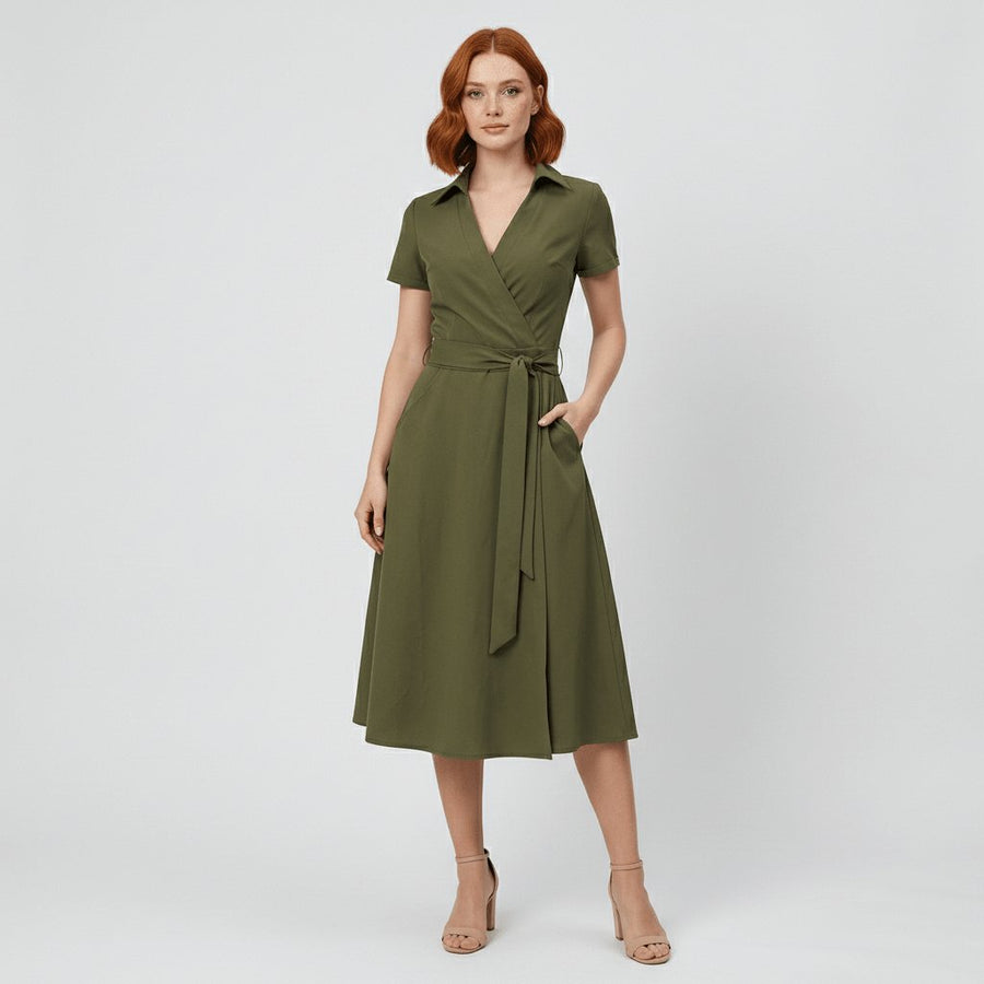 Evelyn | Women's V-Neck Wrap-Style A-Line Midi Dress Waist Tie