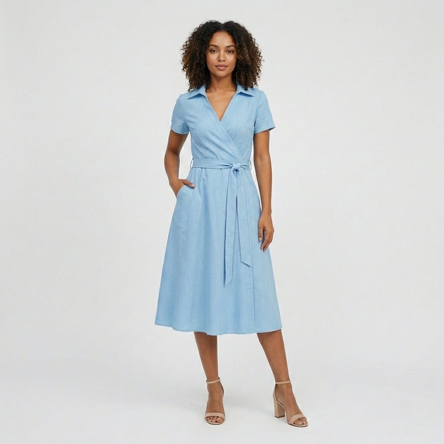 Evelyn | Women's V-Neck Wrap-Style A-Line Midi Dress Waist Tie