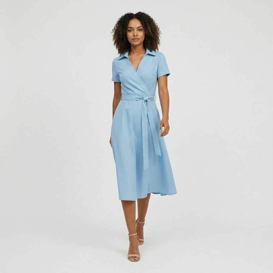 Evelyn | Women's V-Neck Wrap-Style A-Line Midi Dress Waist Tie